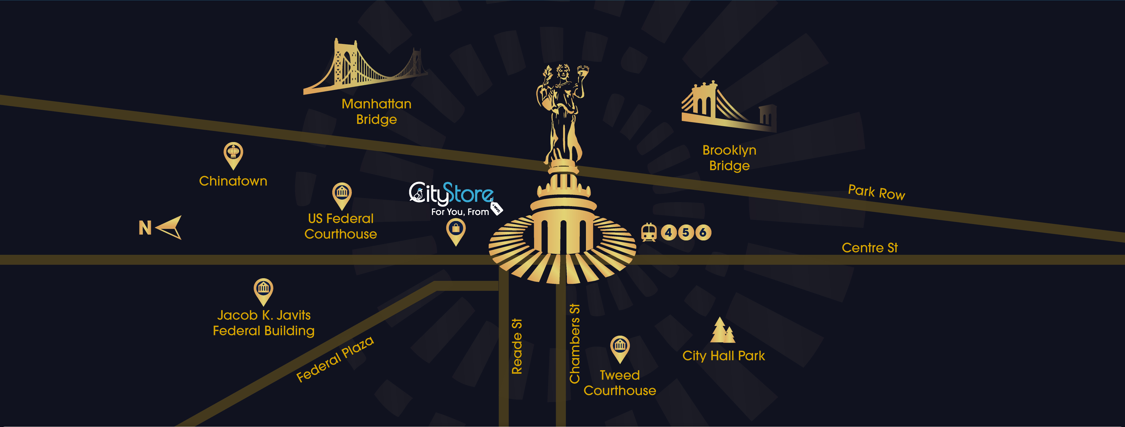 Illustrated location map showing the David N. Dinkins Municipal Building marked with the Civic Fame statue, the surrounding landmarks of Lower Manhattan, and the Brooklyn and Manhattan Bridges.